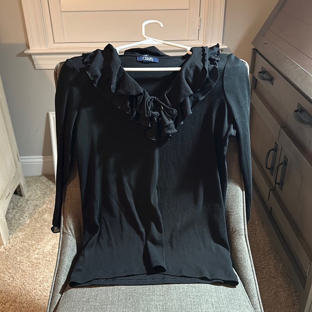 Chaps medium quarter sleeve black shirt with ruffle neck